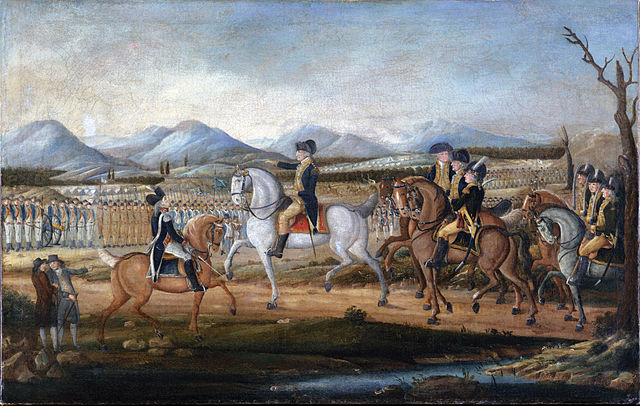 A painting of government agents riding horses. One of them points ahead into the distance.