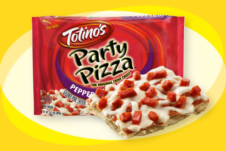 A packaged Totino's Party Pizza, and a slice of the finished product.