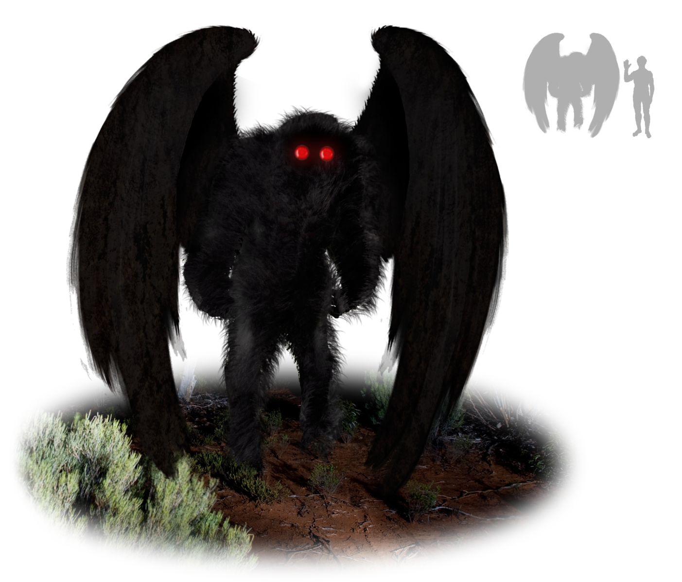 The Mothman is represented as a completely black figure with large black wings that are taller than the creature itself.