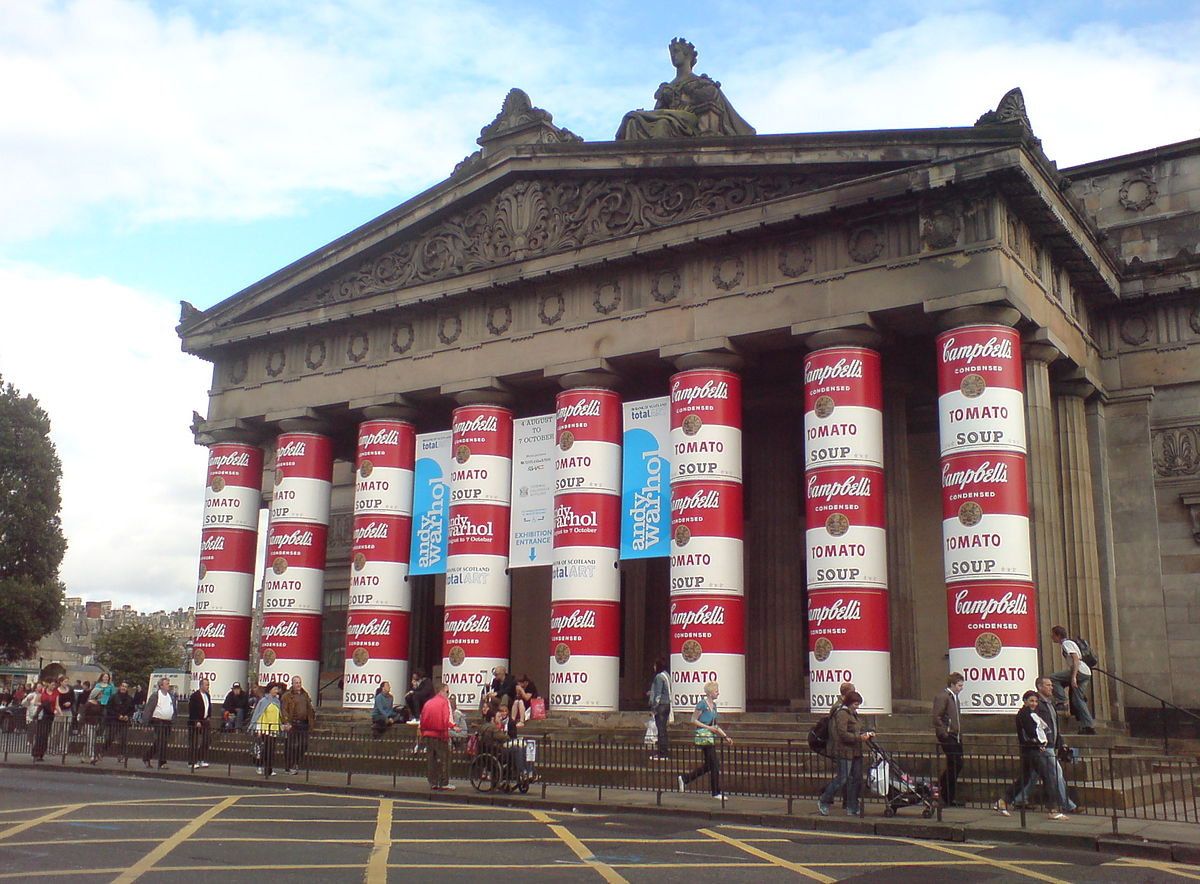 Soup can pillars on the exterior of the Warhol Exhibition at the Royal Scottish Academy in Edinburgh, Scotland marking the 20th anniversary of Warhol's death