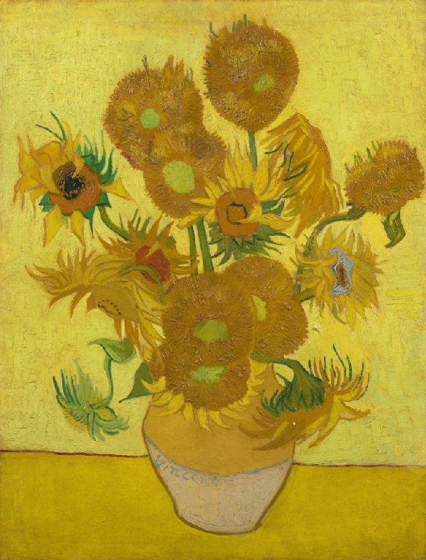 Vincent van Gogh's "Sunflowers" depicts many yellow flowers in a vase, against a yellow background.