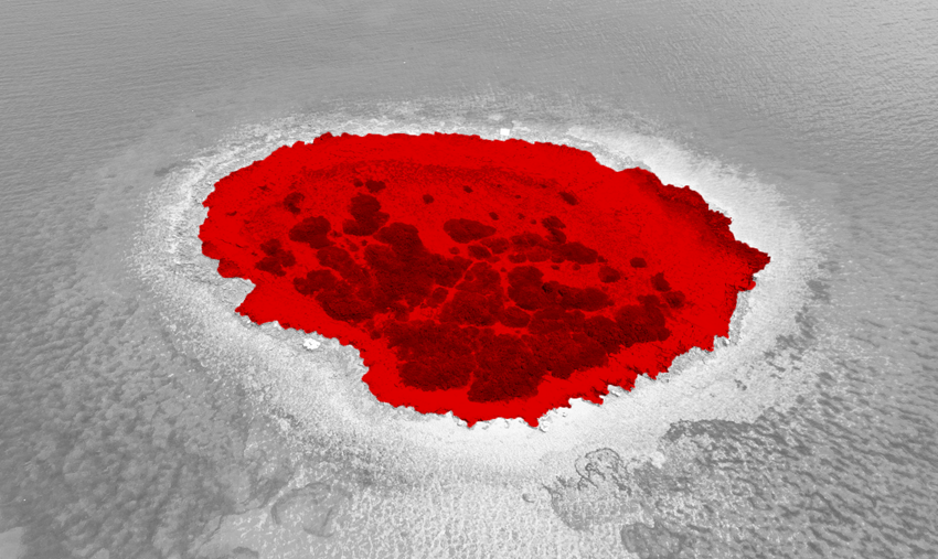 an artist's rendering of a red island on a sea of grey water